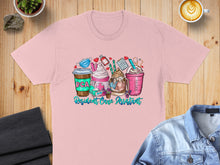 Load image into Gallery viewer, Pink t-shirt with cartoon coffee cups and medical icons, reading "RCA Resident Care Assistant".