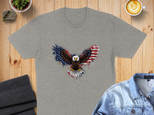 Load image into Gallery viewer, Grey t-shirt with a bald eagle graphic incorporating the American flag.