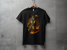 Load image into Gallery viewer, Mysterious Hooded Figure in Flames T-Shirt product