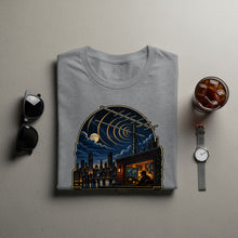 Load image into Gallery viewer, Gray t-shirt with a nighttime cityscape and radio tower graphic.