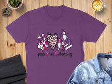 Load image into Gallery viewer, Purple t-shirt with "peace love laboratory" text and lab icons.