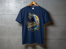 Load image into Gallery viewer, Navy t-shirt with a globe design and the text "Chasing The Gray Line".
