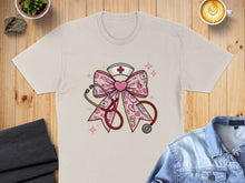 Load image into Gallery viewer, Pink bow with stethoscope, nurse hat, hearts, and "XOXO" text.