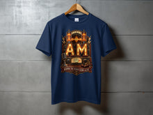 Load image into Gallery viewer, Navy t-shirt with vintage radio graphic featuring "AM" and "KEEPING THE WARM GLOW ALIVE".
