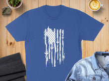 Load image into Gallery viewer, Blue t-shirt with distressed American flag design featuring fighter jets.