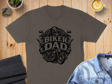 Load image into Gallery viewer, Dark gray t-shirt with "Biker Dad" and motorcycle graphic.