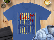 Load image into Gallery viewer, Blue t-shirt with red and yellow "Let's Learn Today" text and bow.