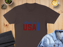 Load image into Gallery viewer, Dark brown t-shirt with "Made in USA" and Statue of Liberty graphic.