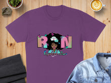 Load image into Gallery viewer, Purple t-shirt with "RN" text, a Black woman's silhouette, and "Registered nurse" wording.