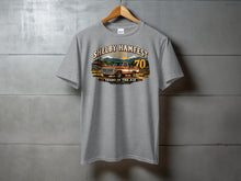 Load image into Gallery viewer, Gray t-shirt with Shelby Hamfest "70 Years on the Air" graphic and vintage truck.