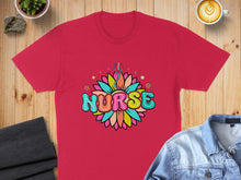 Load image into Gallery viewer, Red t-shirt with colorful "NURSE" lettering inside a floral design.