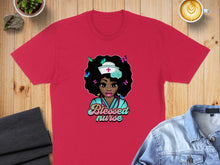 Load image into Gallery viewer, Red t-shirt with graphic of a nurse surrounded by butterflies and the words "Blessed Nurse".