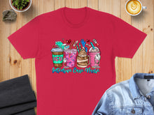 Load image into Gallery viewer, Red t-shirt with colorful cartoon mugs and the text "Intensive Care Nurse".