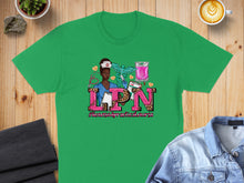 Load image into Gallery viewer, Green t-shirt with leopard print LPN text and nurse graphic.