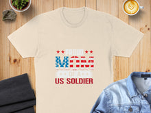 Load image into Gallery viewer, Cream t-shirt with "Proud Mom of a US Soldier" text in red, white, and blue.