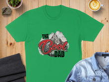 Load image into Gallery viewer, Green t-shirt with "The Cool Dad" mountain graphic.