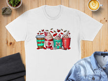 Load image into Gallery viewer, T-shirt with stylized coffee drinks and medical symbols.
