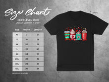 Load image into Gallery viewer, Next Level 3600 unisex cotton t-shirt size chart with measurements.