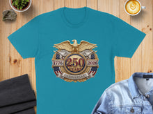 Load image into Gallery viewer, Teal t-shirt with 250th Anniversary eagle emblem, 1776-2026.
