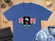 Load image into Gallery viewer, Blue t-shirt with RN design featuring a nurse, butterflies, and text "Registered nurse".