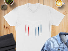Load image into Gallery viewer, White t-shirt with abstract red and blue vertical lines and three aircraft silhouettes.
