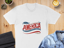 Load image into Gallery viewer, White t-shirt with "AMERICA" in distressed red, white, and blue text.