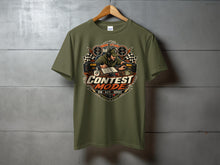 Load image into Gallery viewer, Olive green t-shirt with "CONTEST MODE" graphic featuring a ham radio operator.
