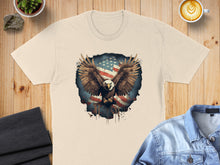 Load image into Gallery viewer, T-shirt with American flag eagle graphic and wings spread.