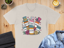 Load image into Gallery viewer, T-shirt graphic featuring cartoon medication bottles with hats, roses, and text.