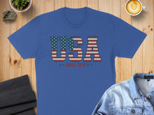 Load image into Gallery viewer, Blue t-shirt with "USA" in American flag design and "Since 1776".