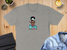 Load image into Gallery viewer, Grey t-shirt with colorful "NURSING" text and a nurse illustration.