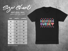 Load image into Gallery viewer, Size chart for Next Level 3600 unisex cotton t-shirt, showing measurements in inches.