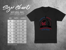 Load image into Gallery viewer, Size chart for Next Level 3600 unisex cotton t-shirt with measurements.
