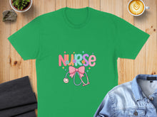 Load image into Gallery viewer, Green t-shirt with "NURSE" text, stethoscope, and bow graphic.