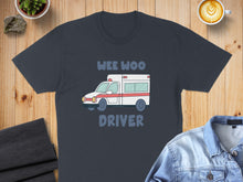 Load image into Gallery viewer, Dark gray t-shirt with a cartoon ambulance and the word "DRIVER".