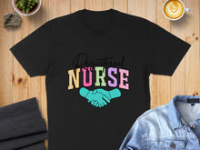 Load image into Gallery viewer, Black t-shirt with "Registered Nurse" text above shaking hands graphic.