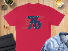 Load image into Gallery viewer, Red t-shirt with large "76" graphic featuring stars and stripes pattern.