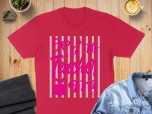 Load image into Gallery viewer, Pink t-shirt with "Rain Teacher Star" text on striped background.