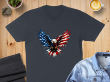 Load image into Gallery viewer, Dark grey t-shirt with an eagle in red, white, and blue patriotic colors.