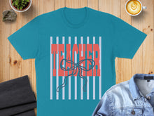 Load image into Gallery viewer, Teal t-shirt with "TEACHER" in red text and a blue bow.