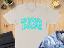 Load image into Gallery viewer, Cream t-shirt with "TEACHER" text in a blue checkered pattern.