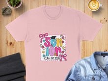 Load image into Gallery viewer, Pink t-shirt with colorful "Senior Class of 2026" text and diploma graphics.