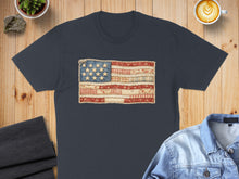 Load image into Gallery viewer, Dark blue t-shirt with a patchwork American flag graphic.