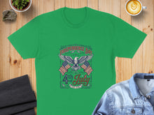Load image into Gallery viewer, Green t-shirt with "Independence Day 4th of July Est. 1776" and American flags.