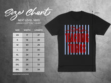 Load image into Gallery viewer, Next Level 3600 unisex cotton t-shirt size chart with width and length measurements.