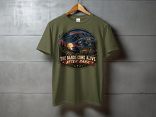 Load image into Gallery viewer, Olive t-shirt with radio, antennas, and text "The Bands Come Alive After Dark."