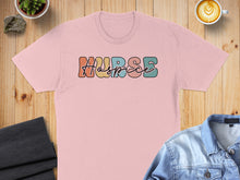 Load image into Gallery viewer, Pink t-shirt with "Nurse" text in colorful retro bubble letters.