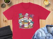 Load image into Gallery viewer, Red t-shirt with cartoon pill bottles and boxes labeled "Fentanyl," "Midazolam," "Ativan," and "Naloxone."