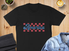 Load image into Gallery viewer, Black t-shirt with "America" in a checkered pattern across the chest.