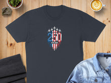 Load image into Gallery viewer, Dark t-shirt with "250 1776-2026" USA flag design and fighter jets.